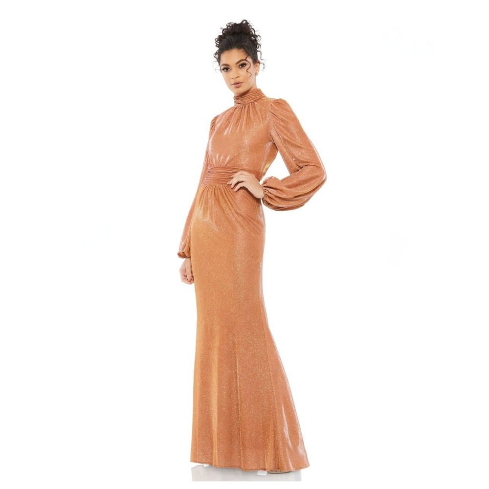 Mac Duggal NWT 11248 Rust Metallic High Neck Bishop Sleeve Maxi Dress 16 XL $498
